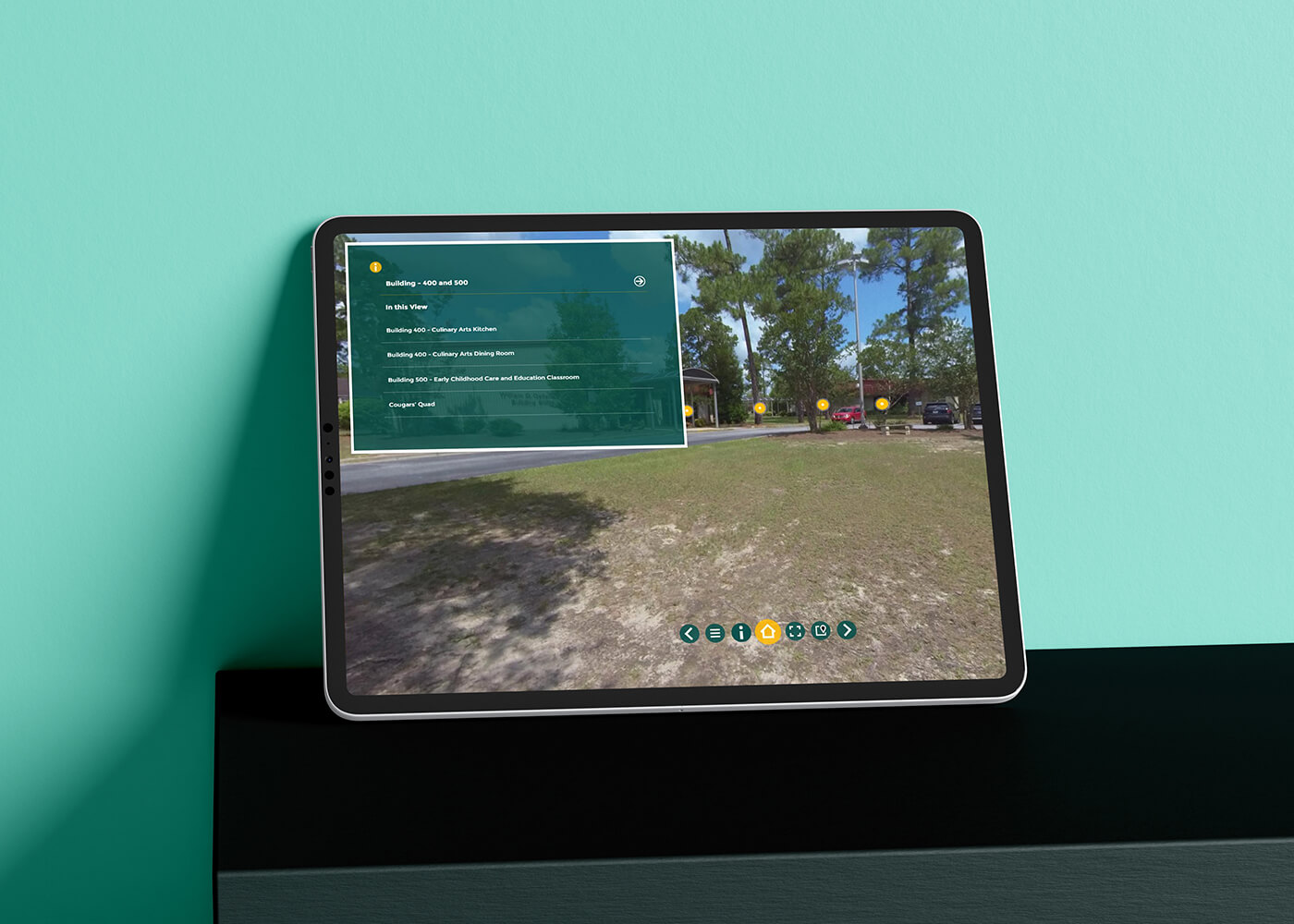 Tablet displaying an image of a virtual tour for Augusta Technical College