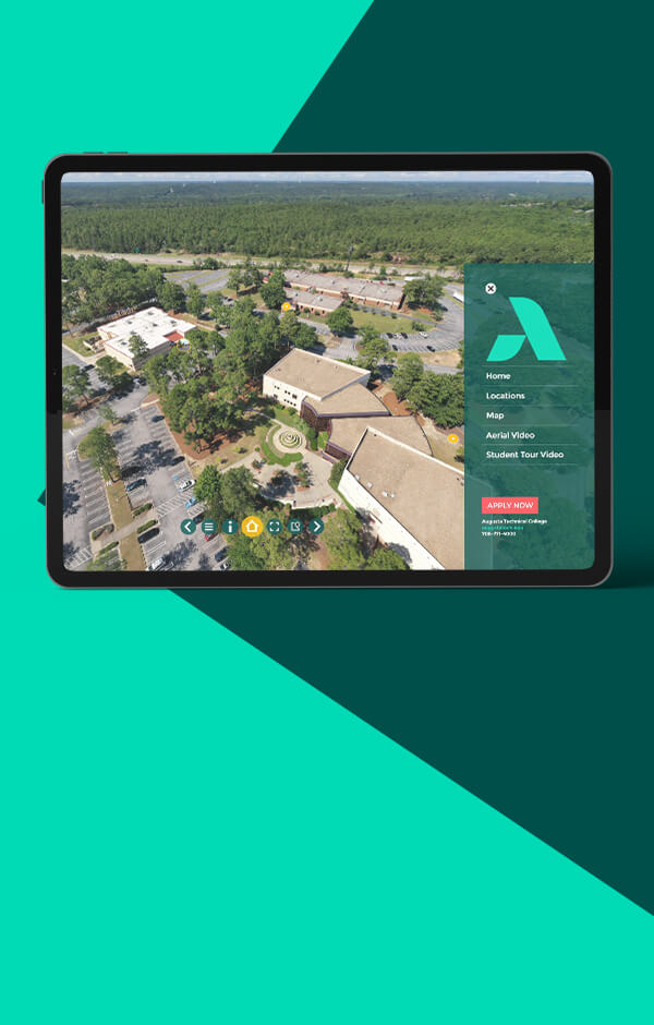 Tableta con una imagen de un dron que capta el campus del Augusta Technical College.