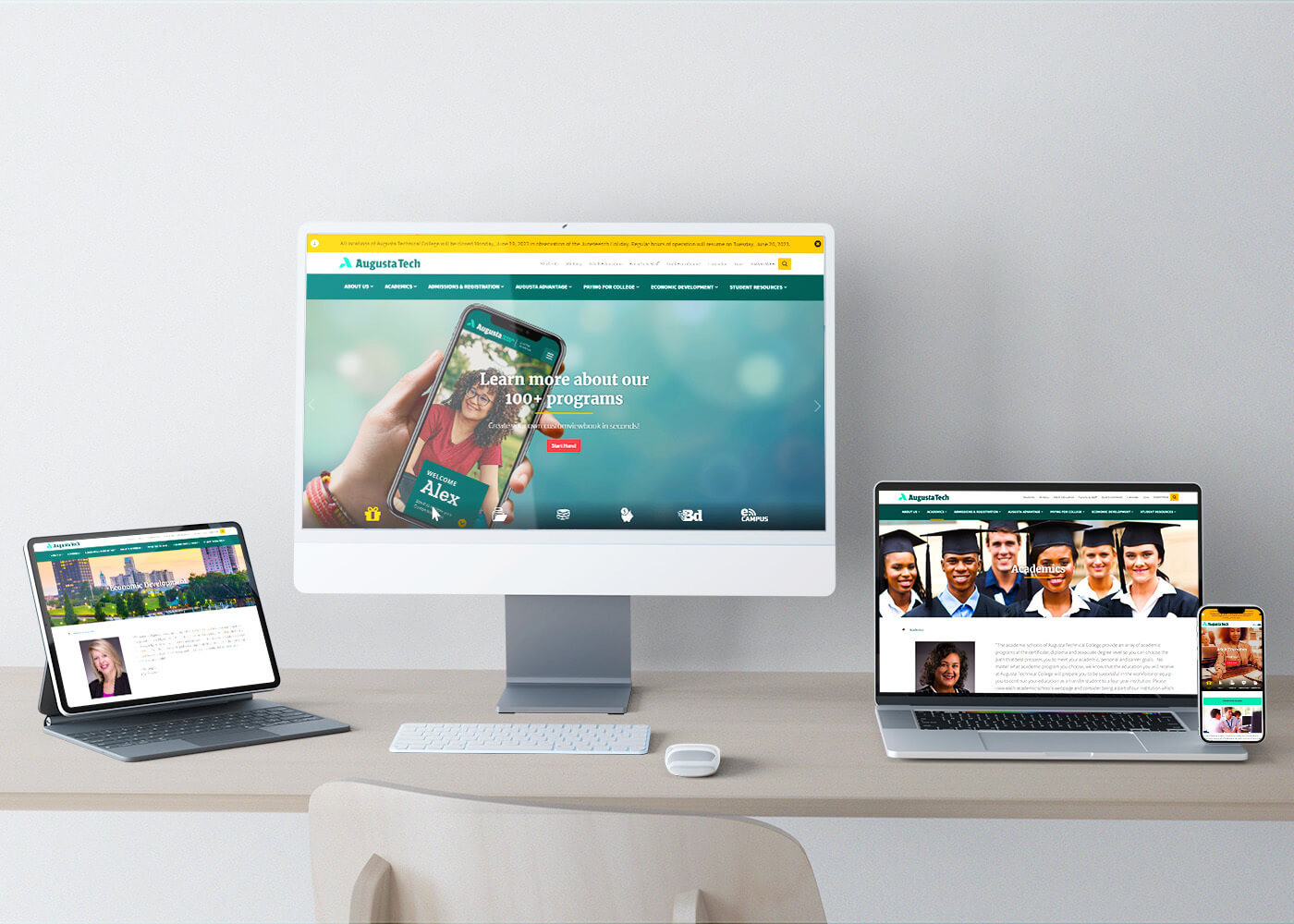 A tablet, desktop, laptop, and mobile phone displaying optimized webpages for the Augusta Technical College website