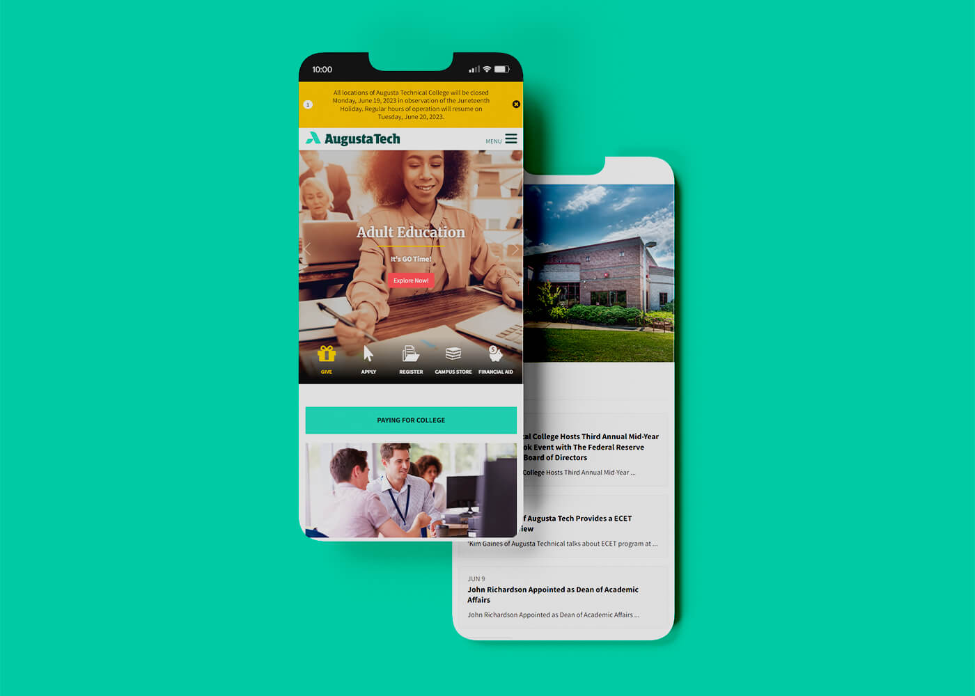 Two phones showcasing mobile responsive web page designs for the Augusta Technical College website
