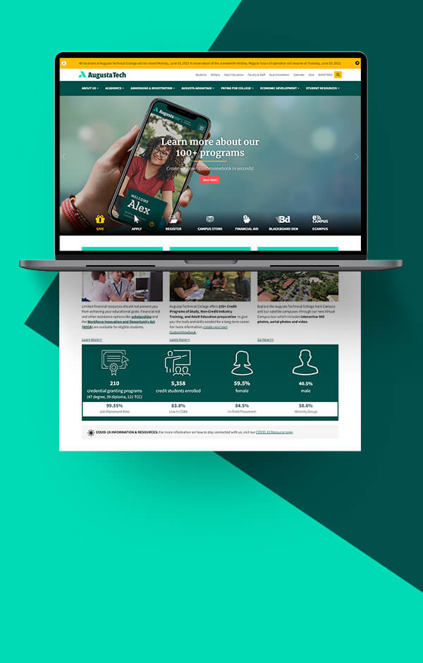 Portátil abierto que muestra páginas web y gráficos para el sitio web del Augusta Technical College