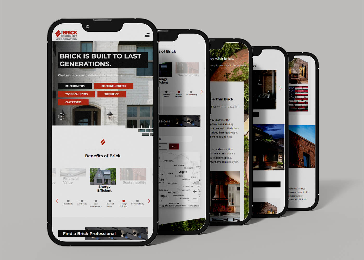 Line of phone showcasing Brick Industry Association mobile responsive web pages