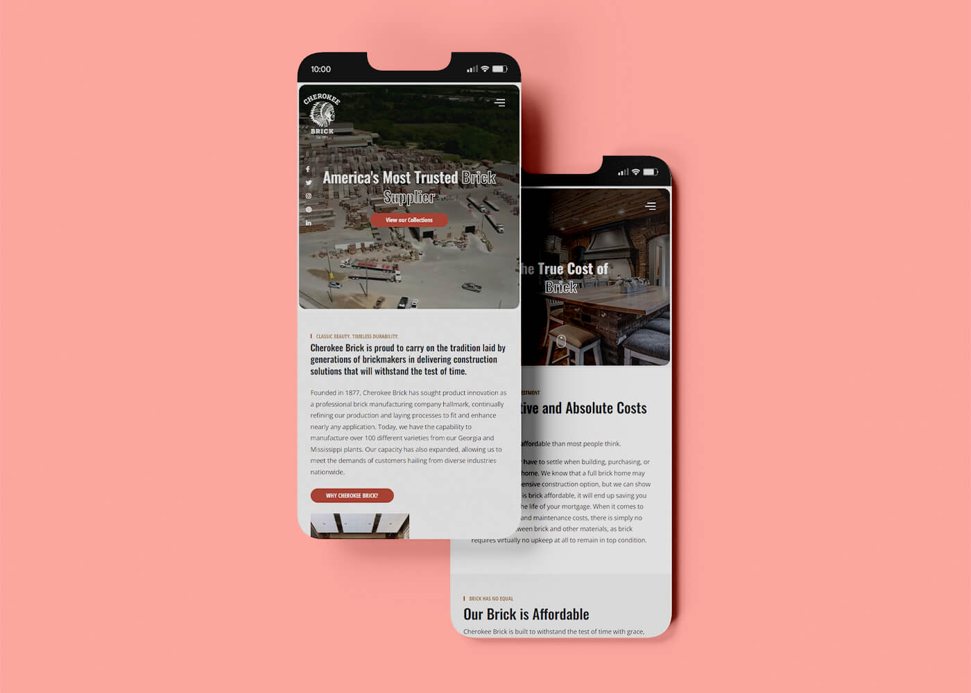 Two phones showcasing mobile responsive web pages for the Cherokee Brick website