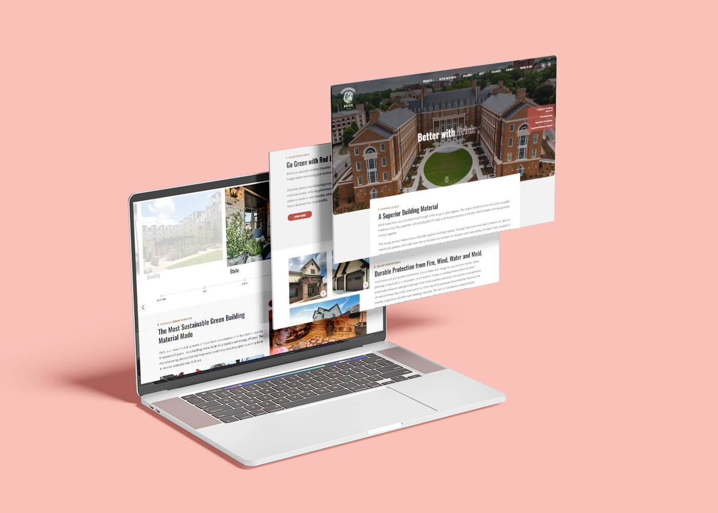 Portátil abierto con páginas web y gráficos para el sitio web de Cherokee Brick