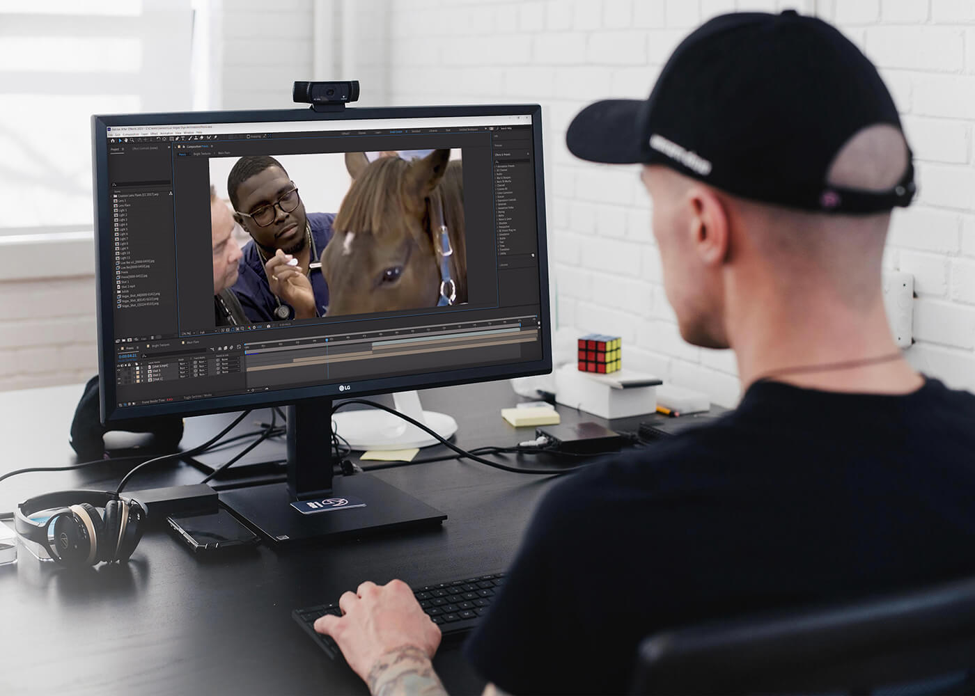An Editor sitting at his seat working on video production for Fort Valley State University