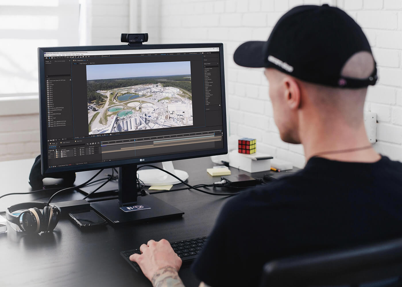 Professional editor working on drone footage of the KaMin plant minerals plant.