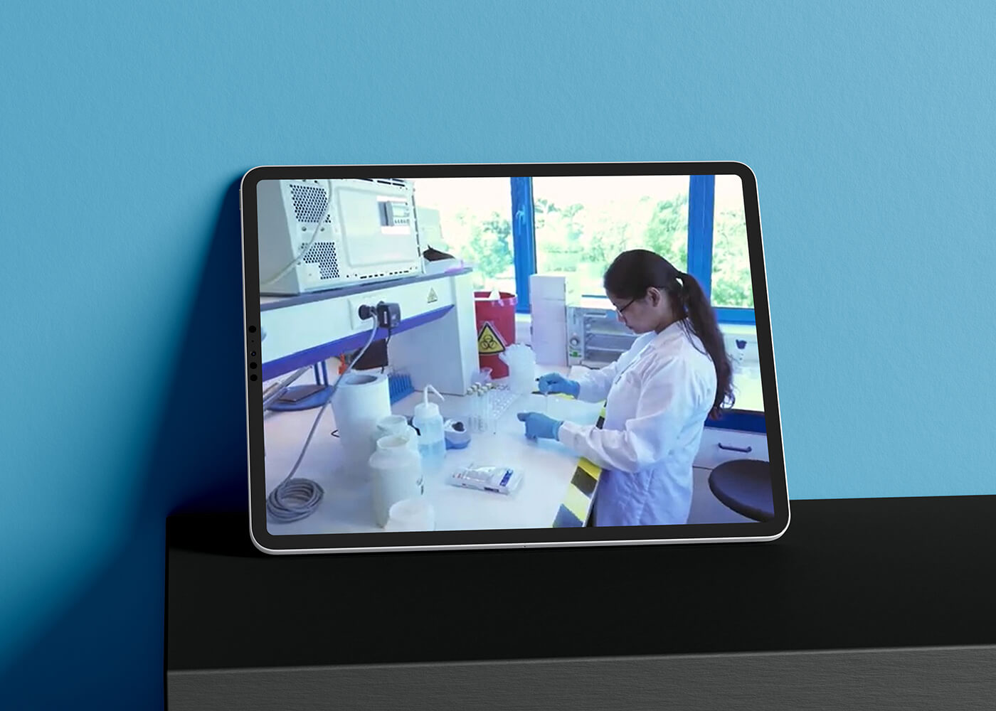 Tablet showcasing an image of a woman working in a lab
