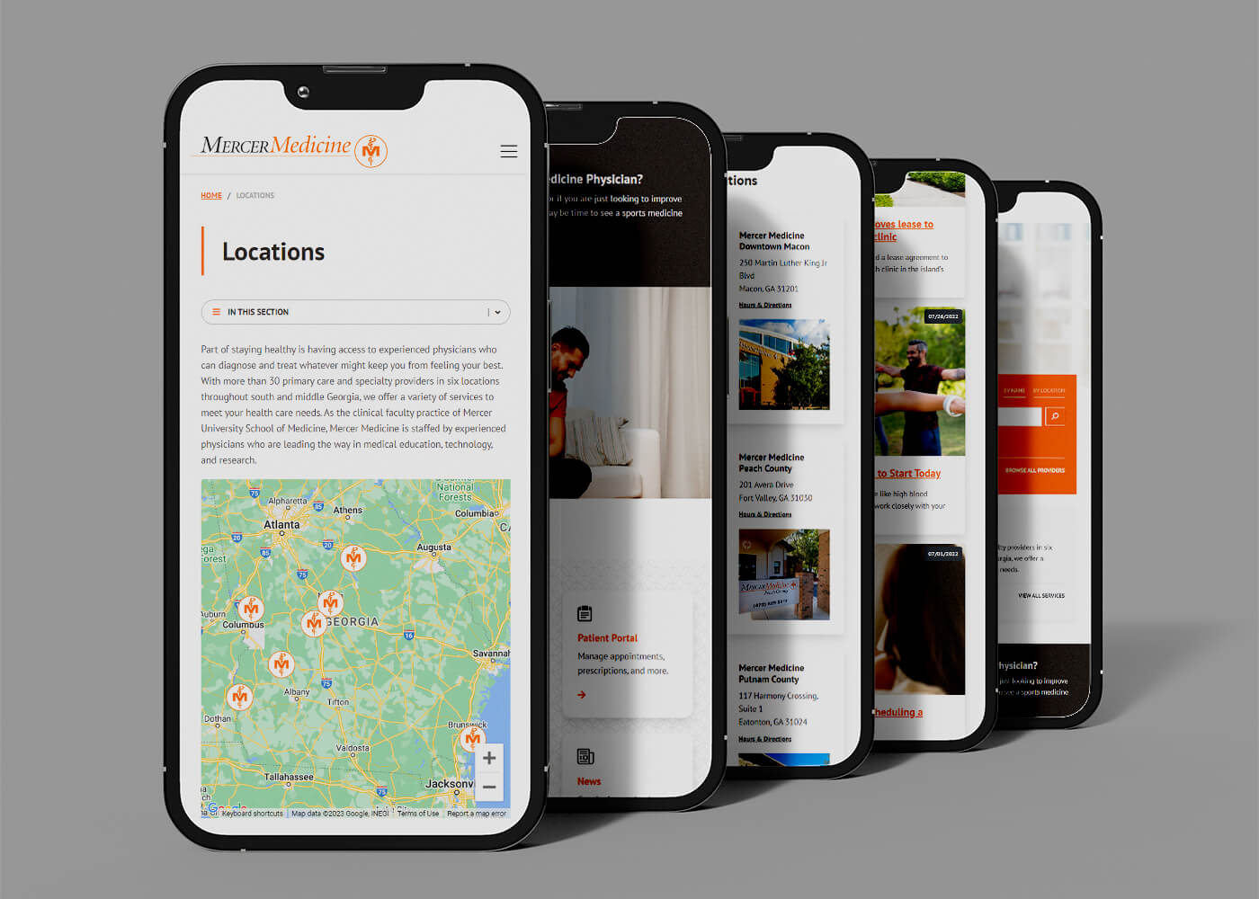 A line up of four phones showcasing mobile responsively designed webpages for the Mercer Medicine website.