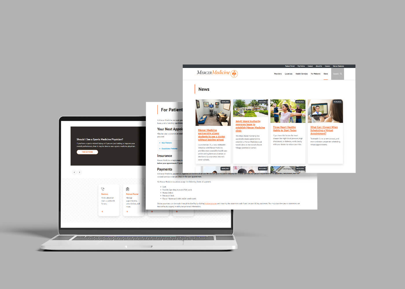 An open laptop showcasing multiple webpages from the Mercer Medicine website