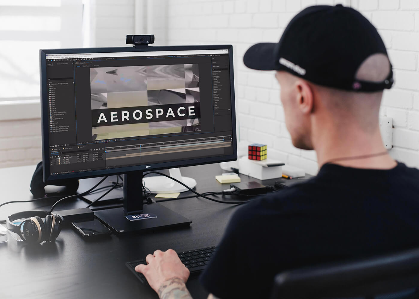 Editor at his desk working on video production labeled for Aerospace