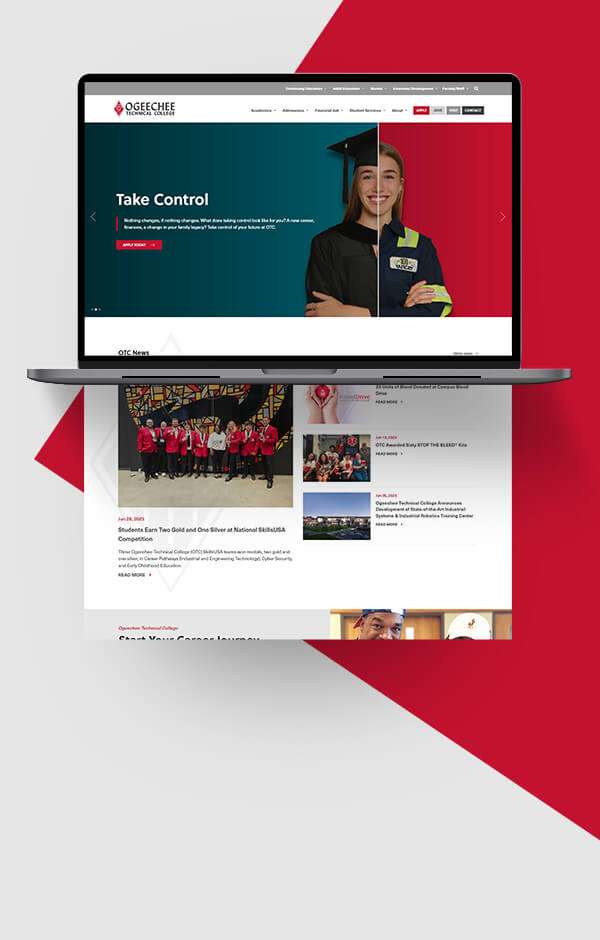 Portátil abierto que muestra páginas web y gráficos del sitio del Ogeechee Technical College