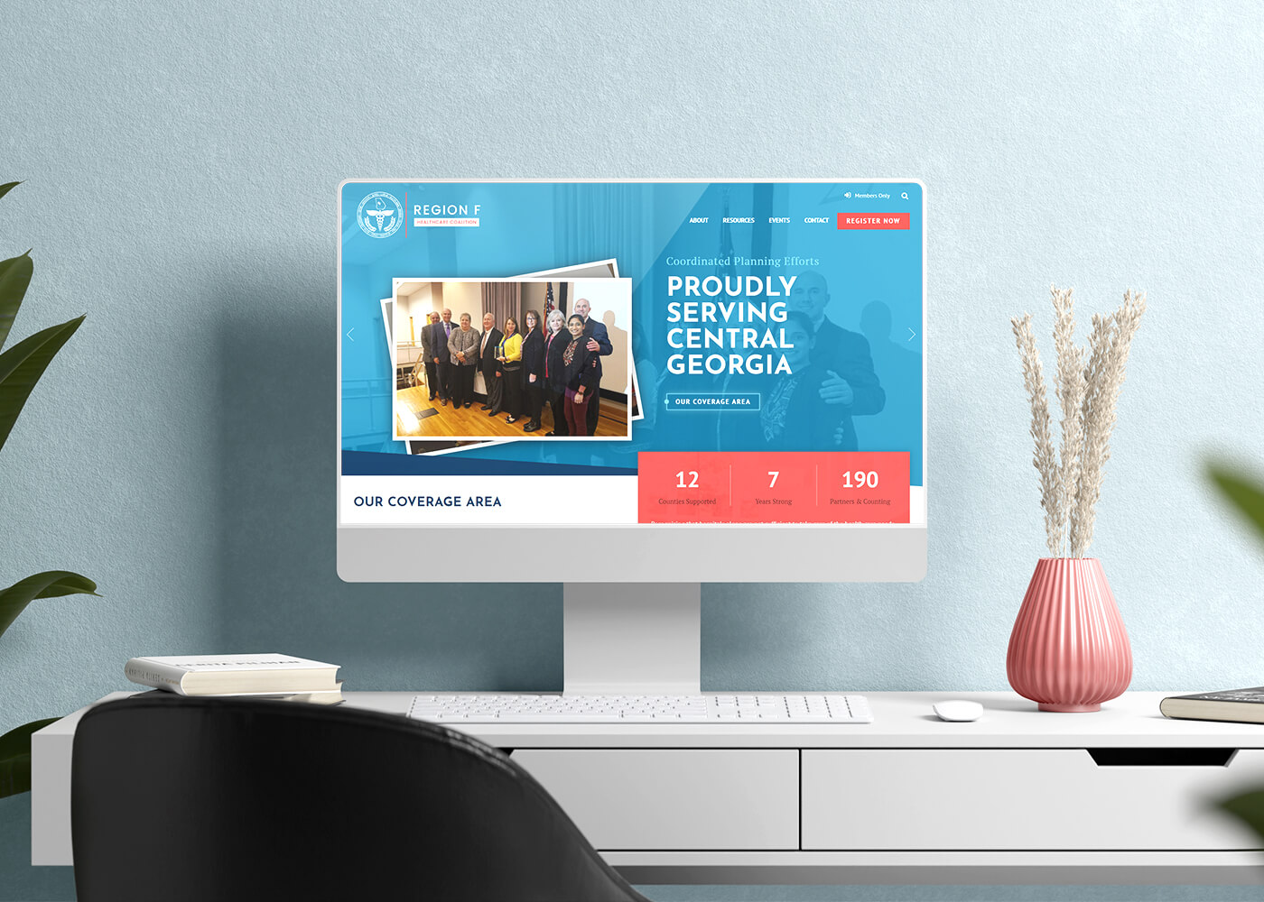 Desktop monitor displaying the Region F Healthcare homepage