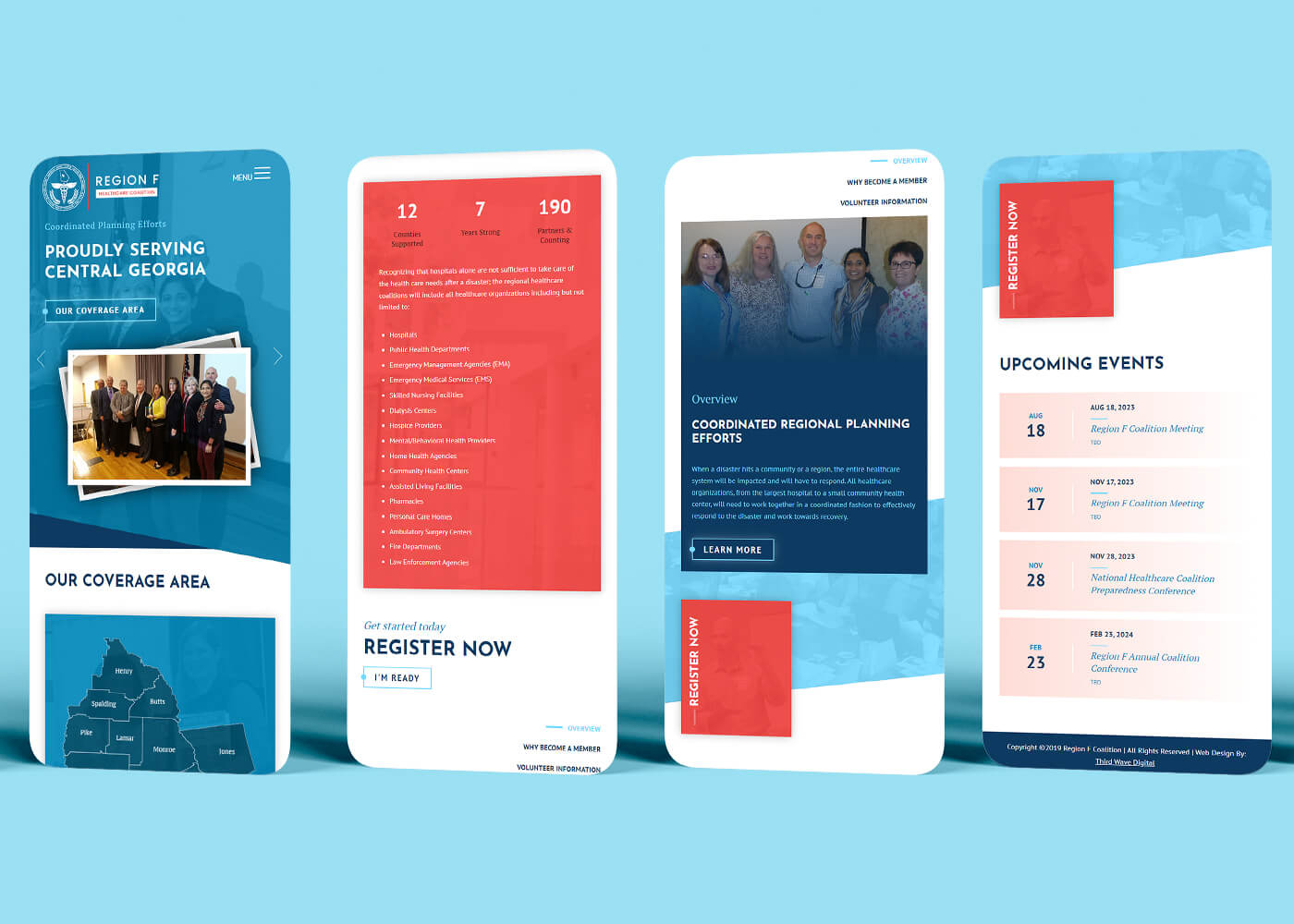 Four phones displaying graphics and mobile responsiveness Region F Healthcare site.