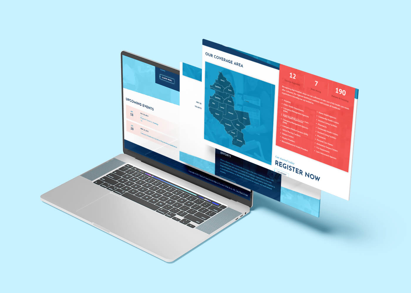 Open laptop displaying screen captures from the Region F Healthcare site