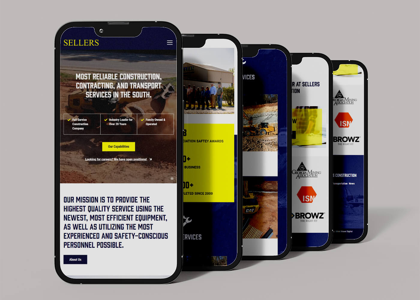A line up of phones showcasing the mobile responsive webpages of the Sellers Construction website